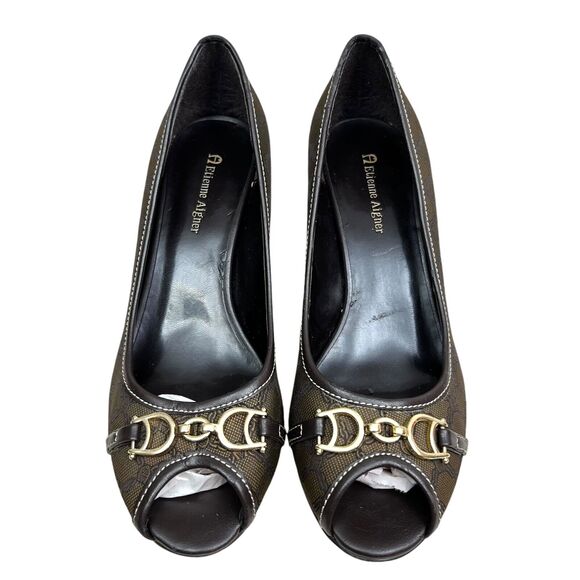 Etienne Aigner Womens‎ Pump Heel Cherie Peep Toe Horse Bit Brown Black Sz 7.5M - Picture 4 of 8